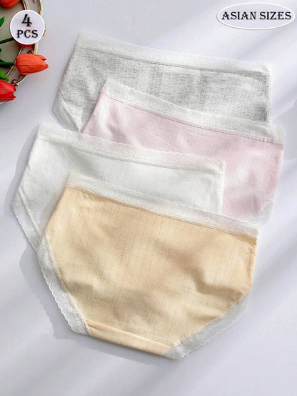 4 Pcs Cotton Lace Trim Panties Set for Women – Soft Mid Waist Ribbed Briefs with Bow Detail – Shein Style