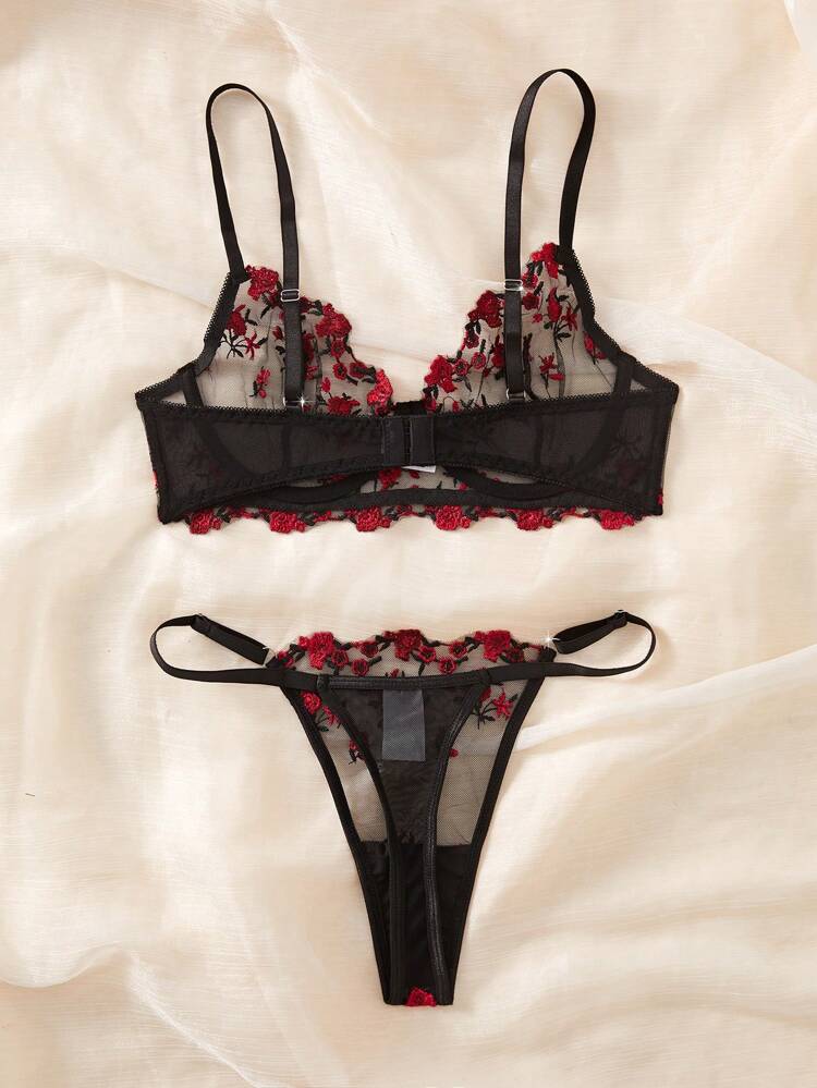 Women Floral Lace Lingerie Set – Black Mesh Bra & Panty with Red Embroidery