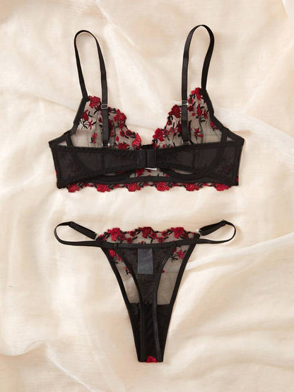 Women Floral Lace Lingerie Set – Black Mesh Bra & Panty with Red Embroidery