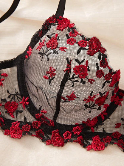 Women Floral Lace Lingerie Set – Black Mesh Bra & Panty with Red Embroidery