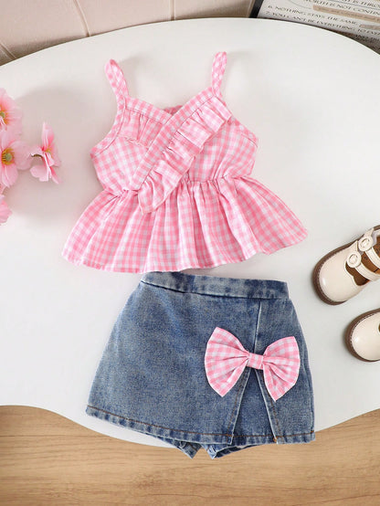 Girls Pink Gingham Ruffle Top & Denim Bow Skort Set
