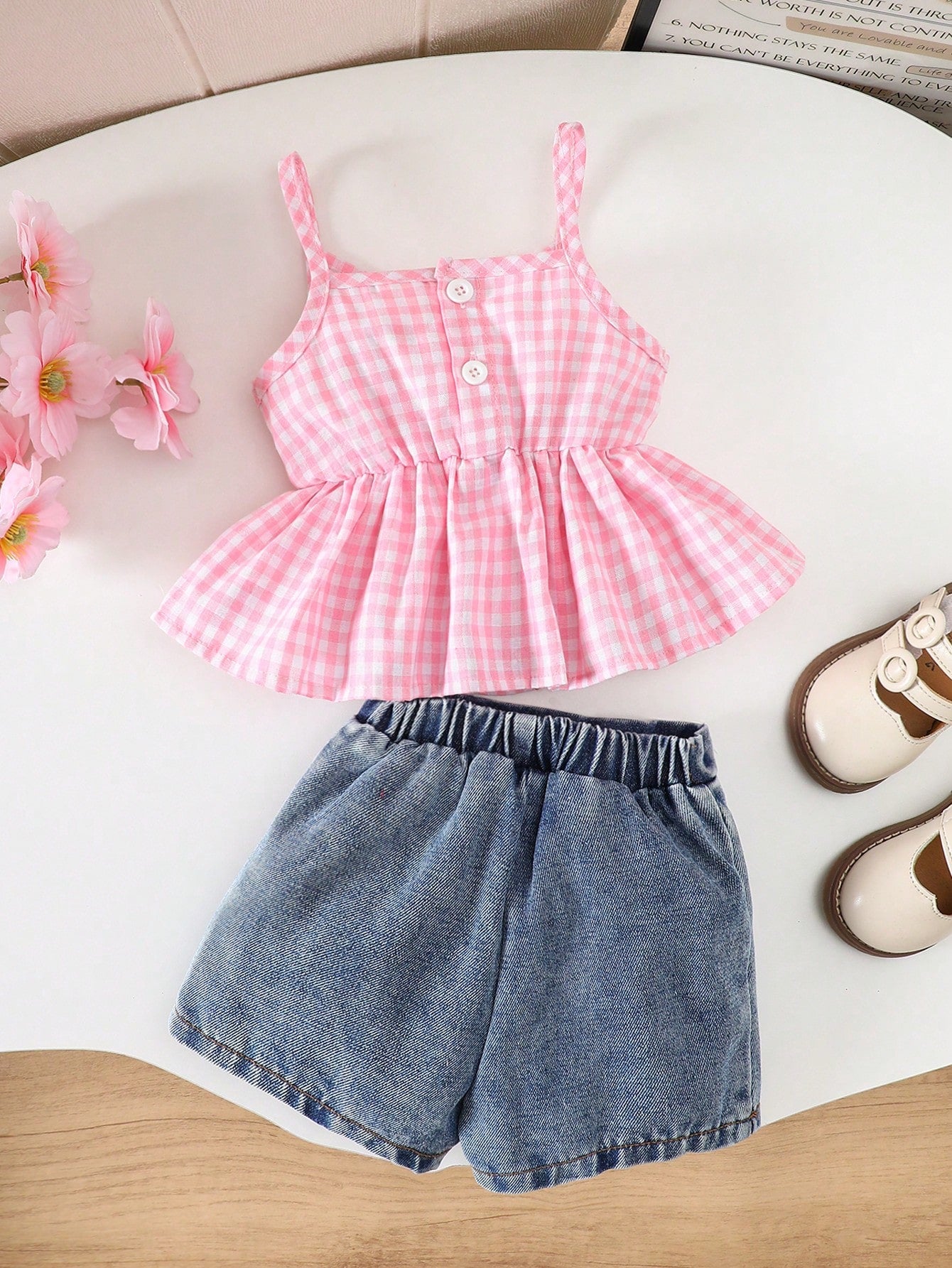 Girls Pink Gingham Ruffle Top & Denim Bow Skort Set
