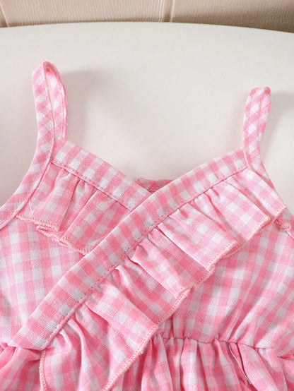 Girls Pink Gingham Ruffle Top & Denim Bow Skort Set