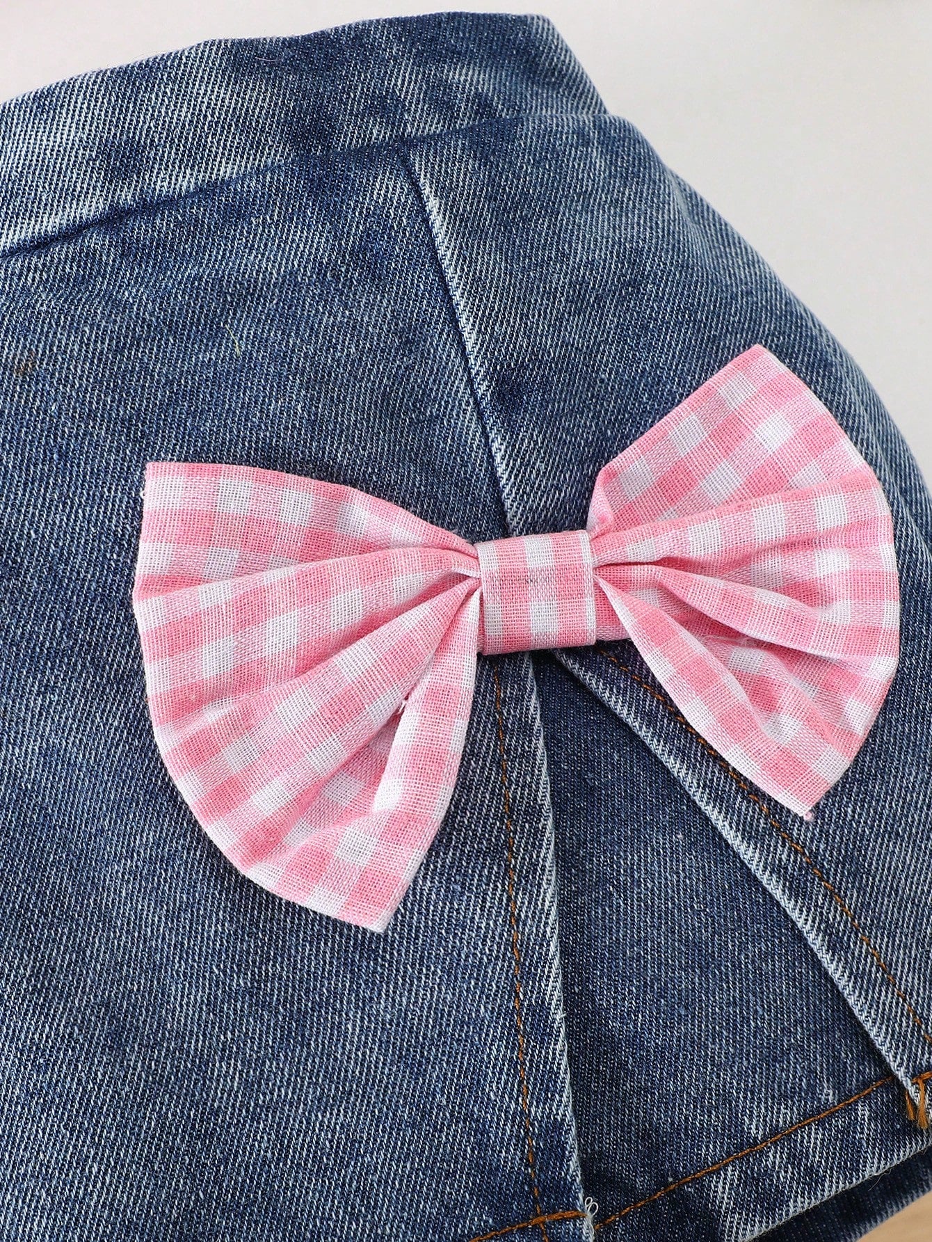 Girls Pink Gingham Ruffle Top & Denim Bow Skort Set