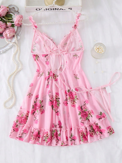 SHEIN Pink Floral Mesh Cami Nightdress Set - SHEIN Fast Delivery in 5 Days