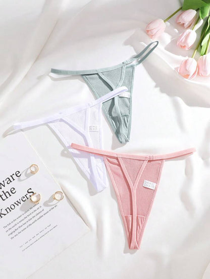 Women’s Ribbed Thong Panties 3 Piece Set – Soft Stretch Low Rise Minimal Underwear – Pink White Sage Green