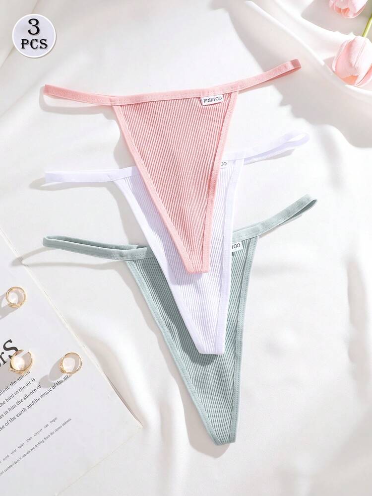Women’s Ribbed Thong Panties 3 Piece Set – Soft Stretch Low Rise Minimal Underwear – Pink White Sage Green