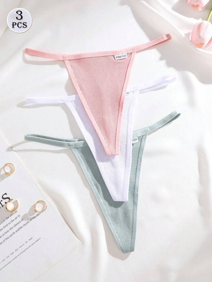 Women’s Ribbed Thong Panties 3 Piece Set – Soft Stretch Low Rise Minimal Underwear – Pink White Sage Green