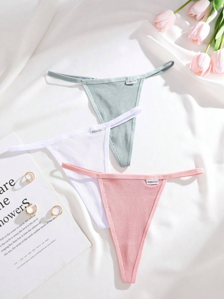Women’s Ribbed Thong Panties 3 Piece Set – Soft Stretch Low Rise Minimal Underwear – Pink White Sage Green