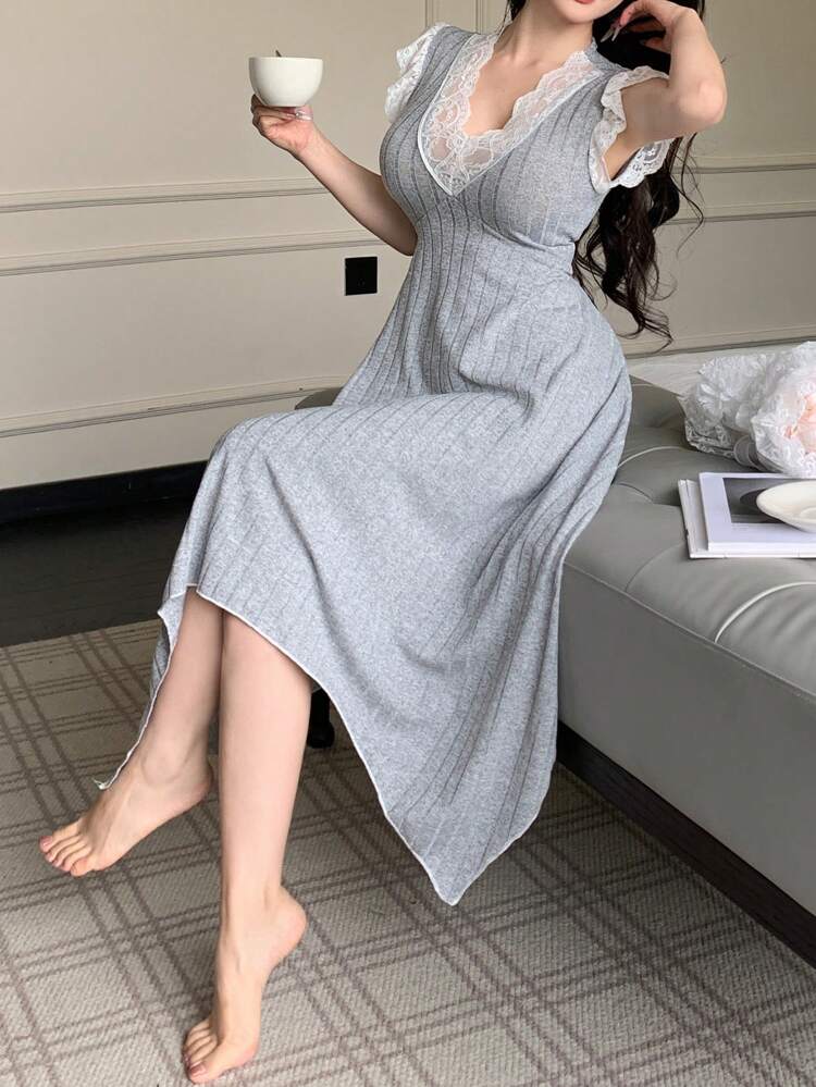 Gray Ribbed Lace Trim Nightdress – V Neck Flutter Sleeve Asymmetrical Sleep Dress for Women