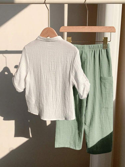 Boys White Cotton Gauze Shirt & Sage Green Pants Set – Casual Summer 2 Piece Outfit – Soft Breathable Kids Matching Set