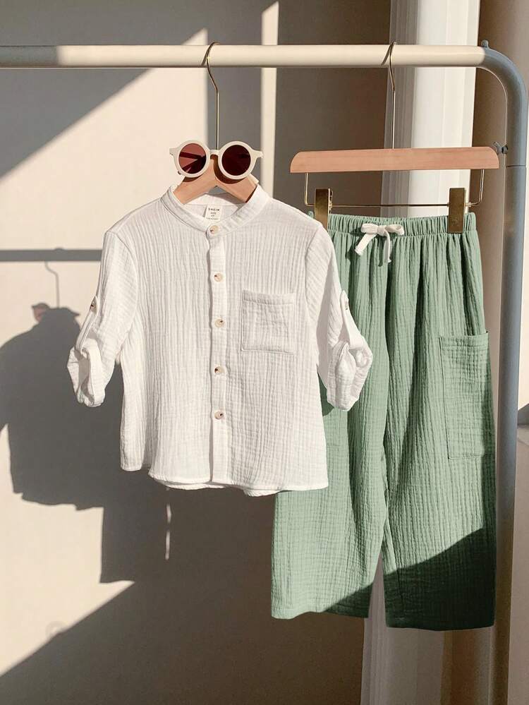 Boys White Cotton Gauze Shirt & Sage Green Pants Set – Casual Summer 2 Piece Outfit – Soft Breathable Kids Matching Set