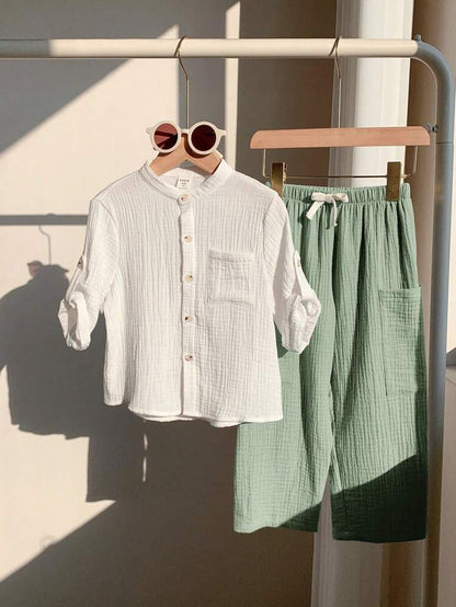 Boys White Cotton Gauze Shirt & Sage Green Pants Set – Casual Summer 2 Piece Outfit – Soft Breathable Kids Matching Set