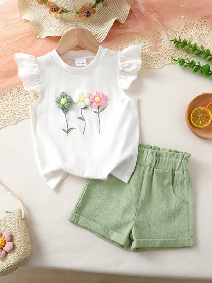 Girls White Flower Embroidery Top & Green Shorts