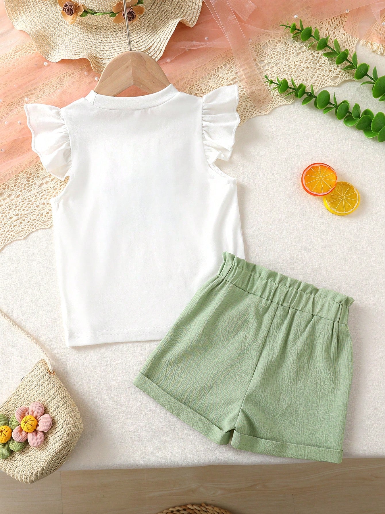 Girls White Flower Embroidery Top & Green Shorts