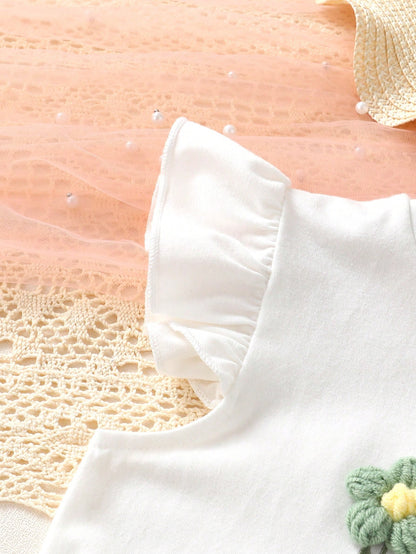 Girls White Flower Embroidery Top & Green Shorts