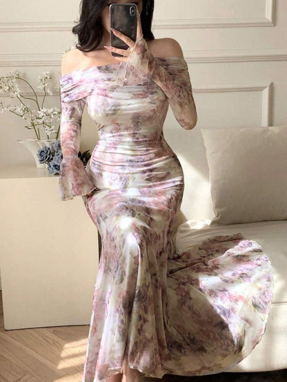 Romantic Floral Off Shoulder Mermaid Maxi Dress – Sheer Long Sleeve Elegant Evening Dress for Women