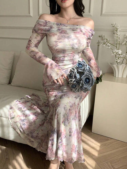 Romantic Floral Off Shoulder Mermaid Maxi Dress – Sheer Long Sleeve Elegant Evening Dress for Women