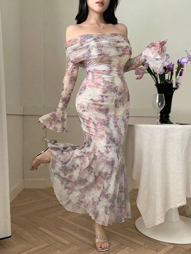 Romantic Floral Off Shoulder Mermaid Maxi Dress – Sheer Long Sleeve Elegant Evening Dress for Women