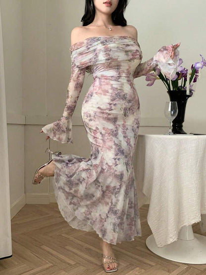 Romantic Floral Off Shoulder Mermaid Maxi Dress – Sheer Long Sleeve Elegant Evening Dress for Women