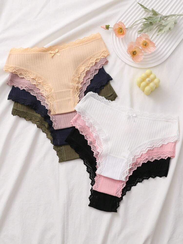 7-Pack Ribbed Lace Trim Bikini Panties for Women – Soft Cotton Blend Underwear Set – Shein Style Everyday Lingerie