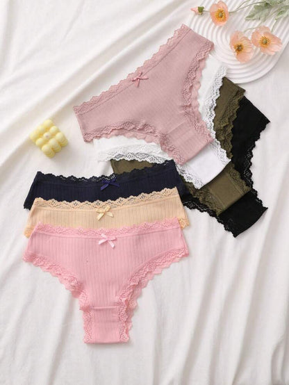 7-Pack Ribbed Lace Trim Bikini Panties for Women – Soft Cotton Blend Underwear Set – Shein Style Everyday Lingerie