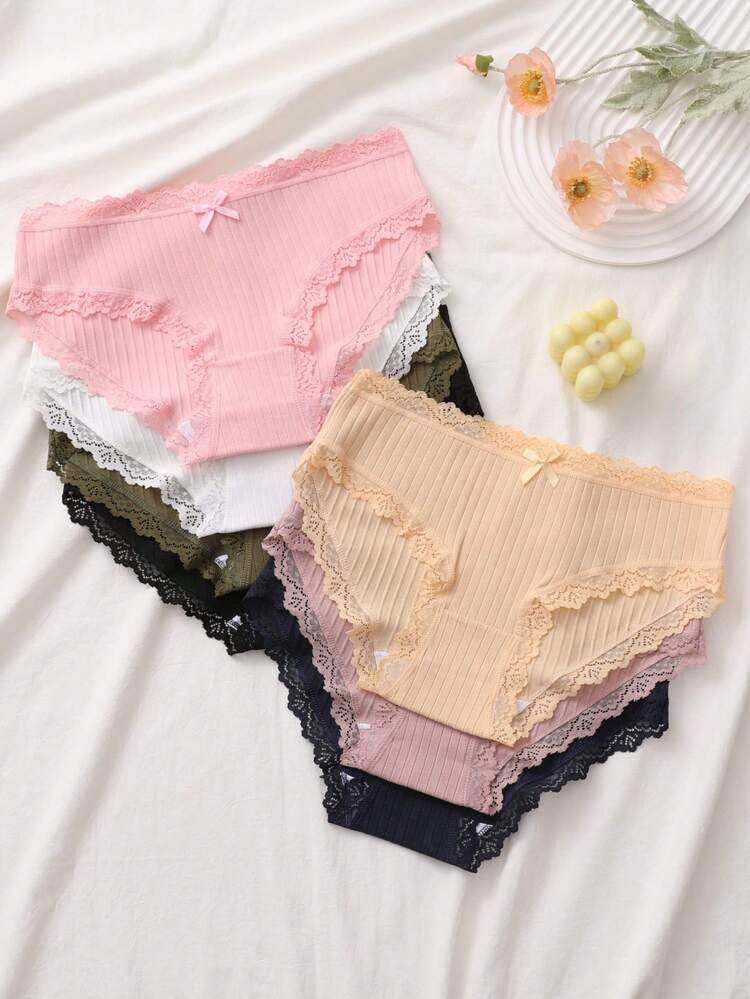 7-Pack Ribbed Lace Trim Brief Panties for Women – Soft Cotton Blend Underwear Set – Shein Style Everyday Lingerie