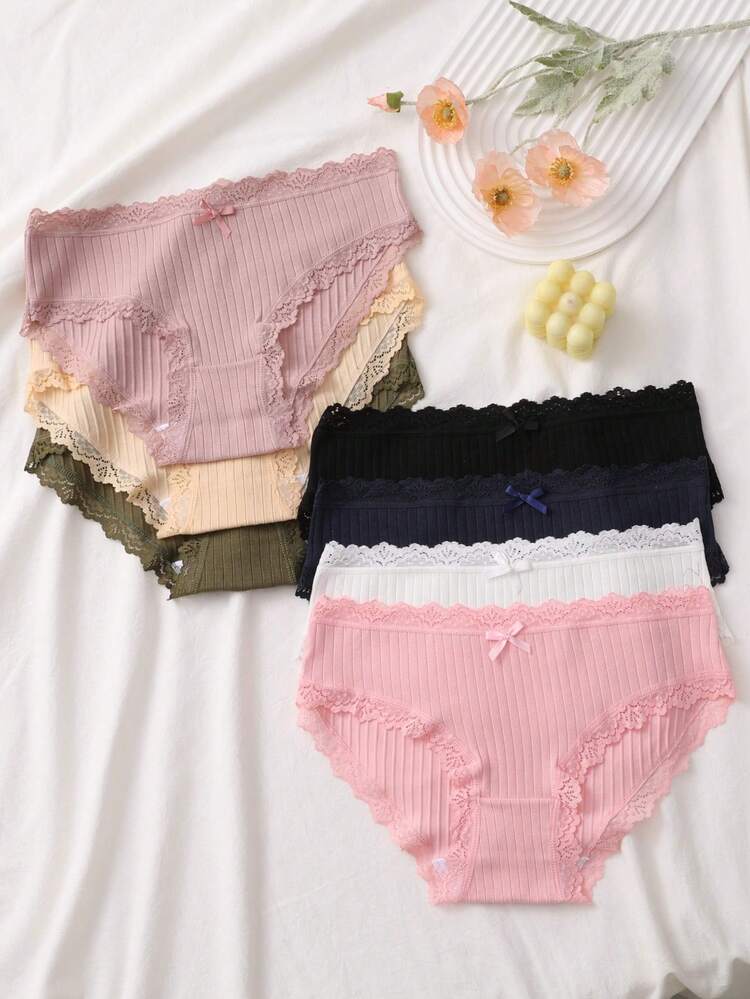 7-Pack Ribbed Lace Trim Brief Panties for Women – Soft Cotton Blend Underwear Set – Shein Style Everyday Lingerie