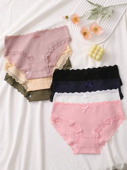 7-Pack Ribbed Lace Trim Brief Panties for Women – Soft Cotton Blend Underwear Set – Shein Style Everyday Lingerie