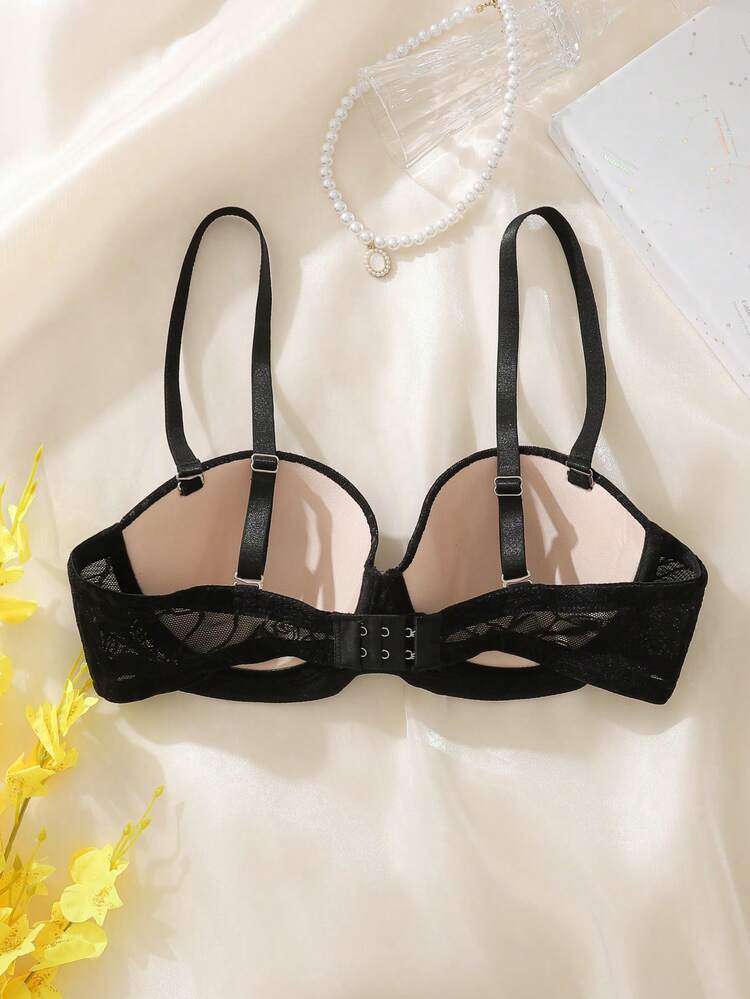 Black Floral Mesh Lace Balconette Bra for Women – Shein Style Lingerie – Underwire Support – Elegant Everyday Fit