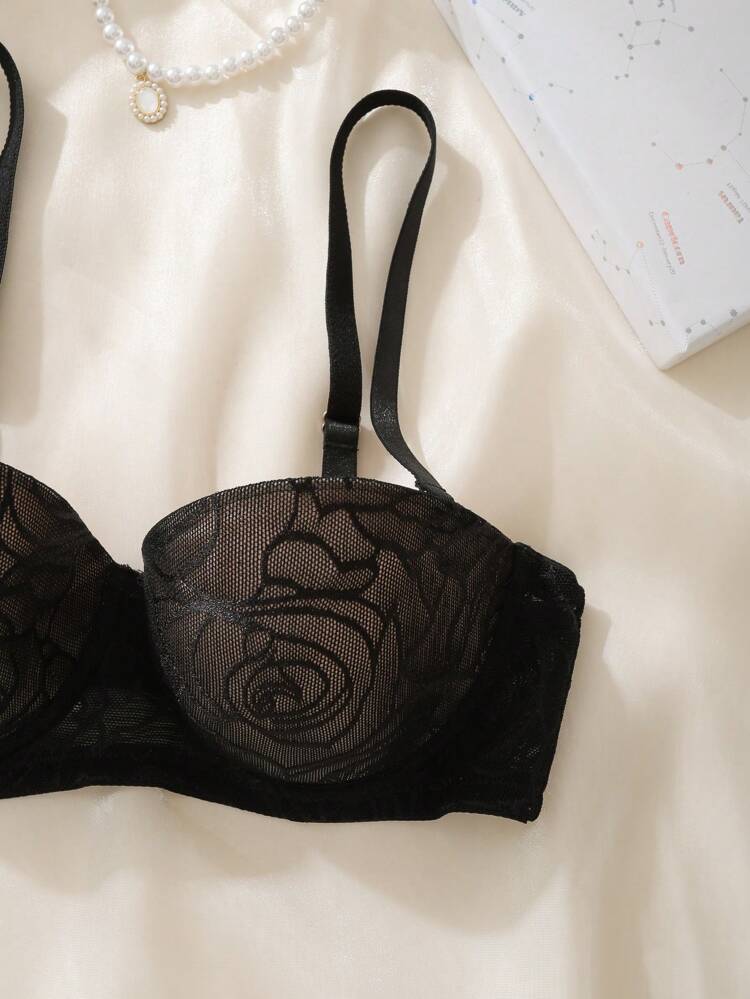 Black Floral Mesh Lace Balconette Bra for Women – Shein Style Lingerie – Underwire Support – Elegant Everyday Fit