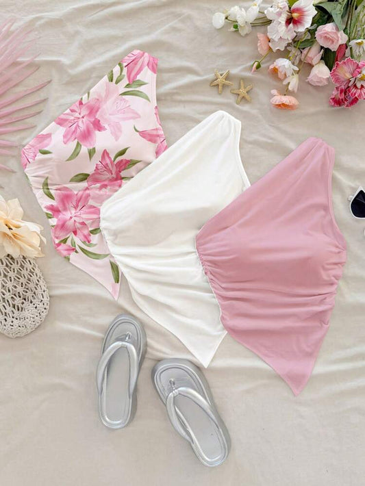 Women’s One Shoulder Ruched Asymmetrical Handkerchief Top – Soft Summer Statement Crop Top