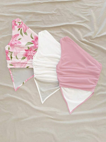 Women’s One Shoulder Ruched Asymmetrical Handkerchief Top – Soft Summer Statement Crop Top
