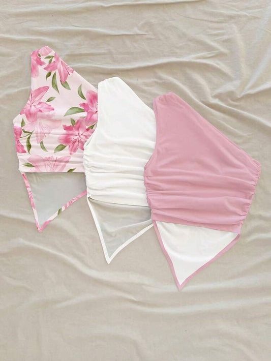 Women’s One Shoulder Ruched Asymmetrical Handkerchief Top – Soft Summer Statement Crop Top
