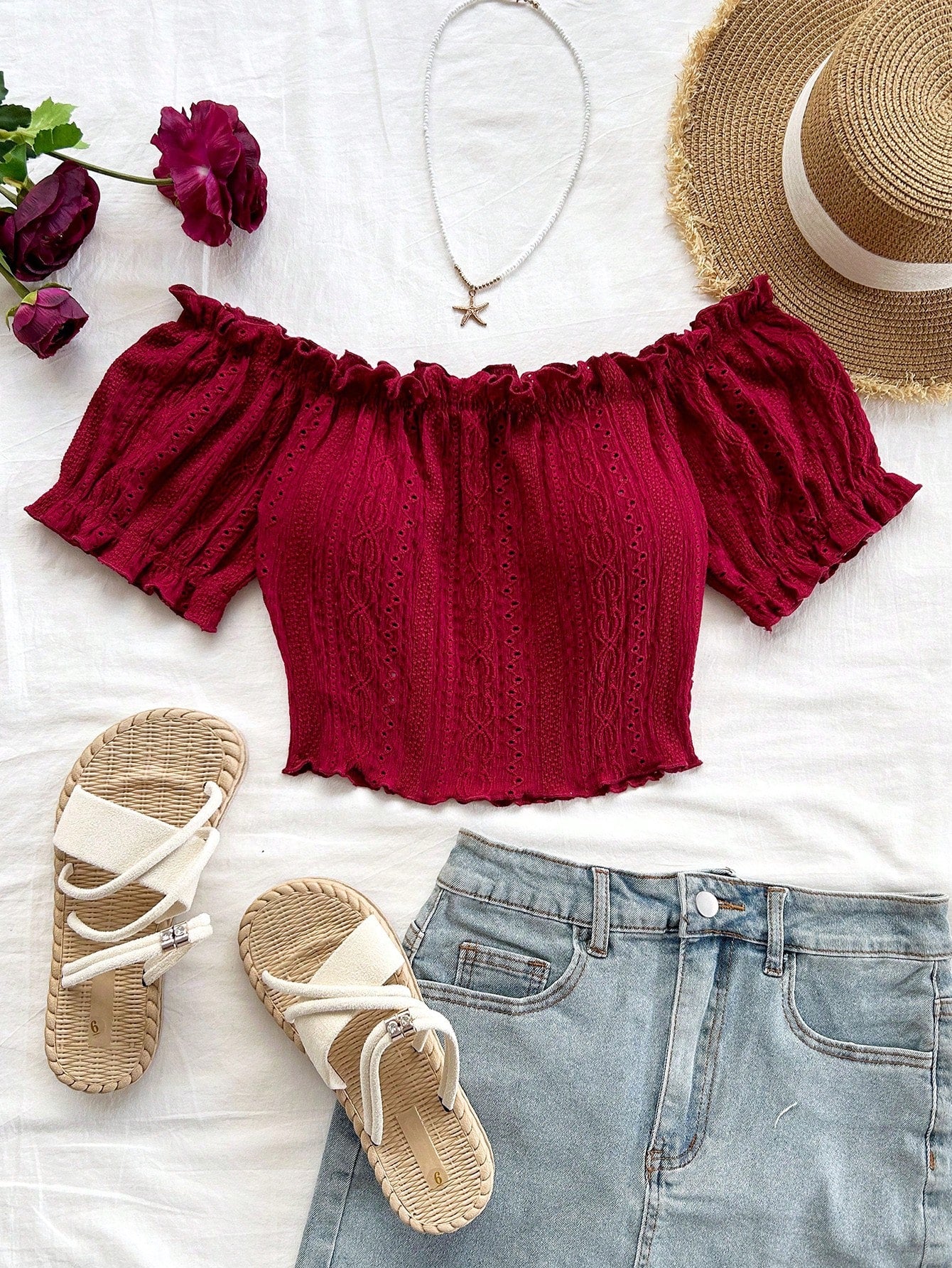 SHEIN Burgundy Off-Shoulder Eyelet Crop Top