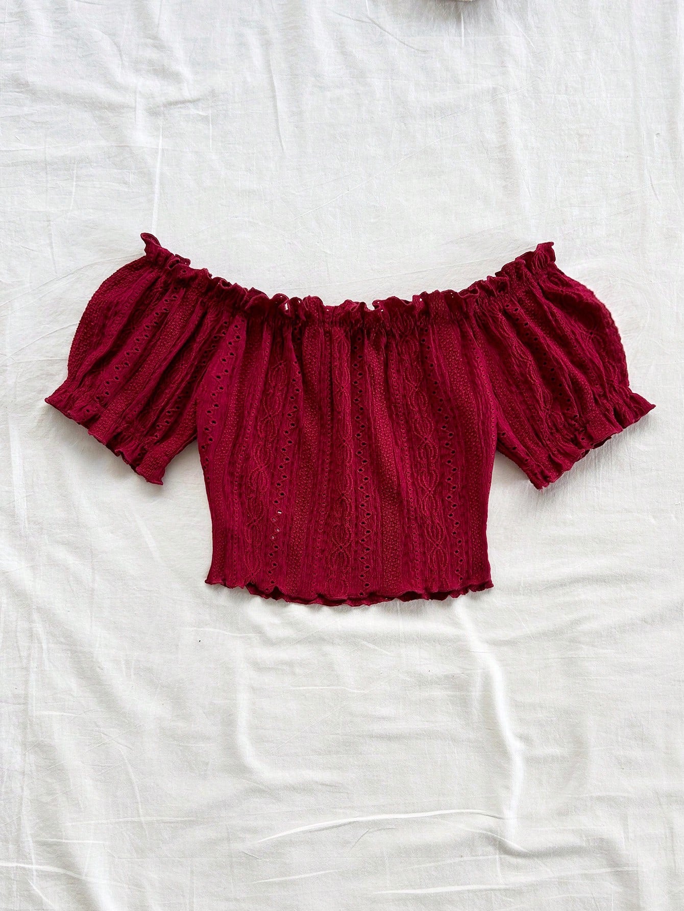 SHEIN Burgundy Off-Shoulder Eyelet Crop Top