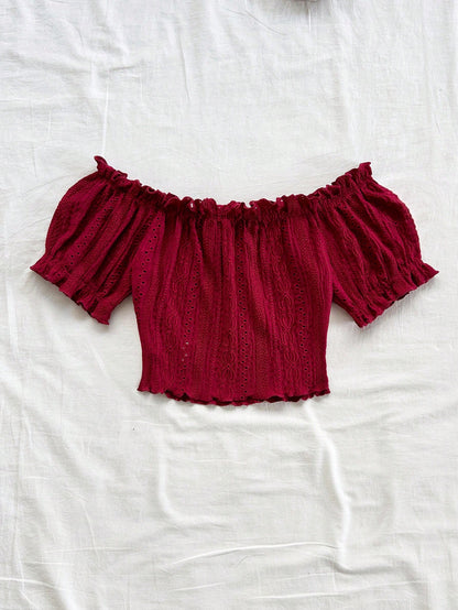 SHEIN Burgundy Off-Shoulder Eyelet Crop Top