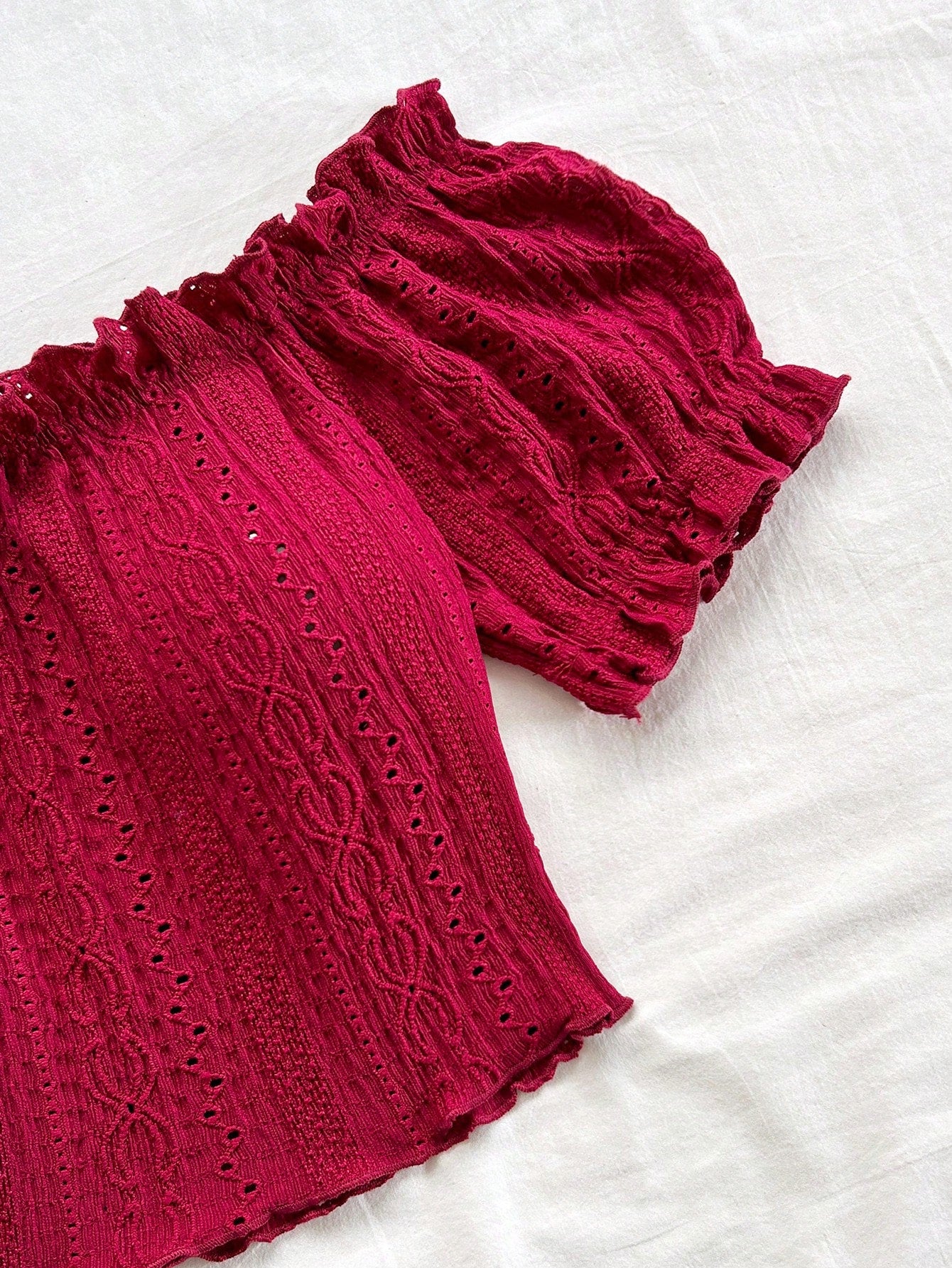 SHEIN Burgundy Off-Shoulder Eyelet Crop Top