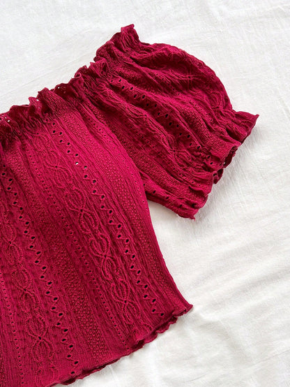 SHEIN Burgundy Off-Shoulder Eyelet Crop Top
