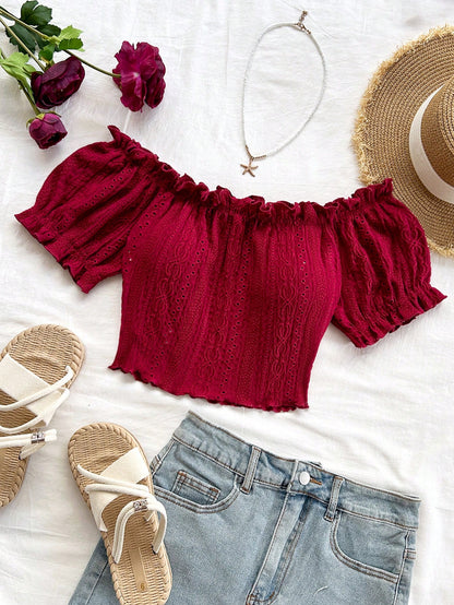 SHEIN Burgundy Off-Shoulder Eyelet Crop Top