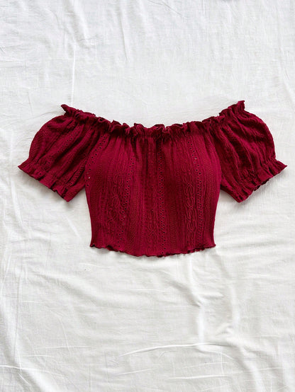 SHEIN Burgundy Off-Shoulder Eyelet Crop Top