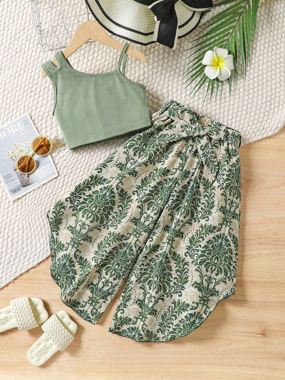 Girls Sage One Shoulder Crop Top & Green Printed Wide Leg Pants Set
