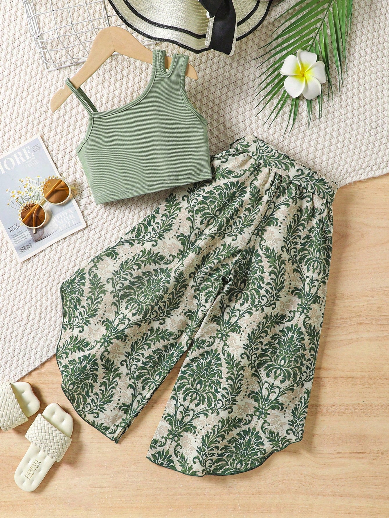 Girls Sage One Shoulder Crop Top & Green Printed Wide Leg Pants Set