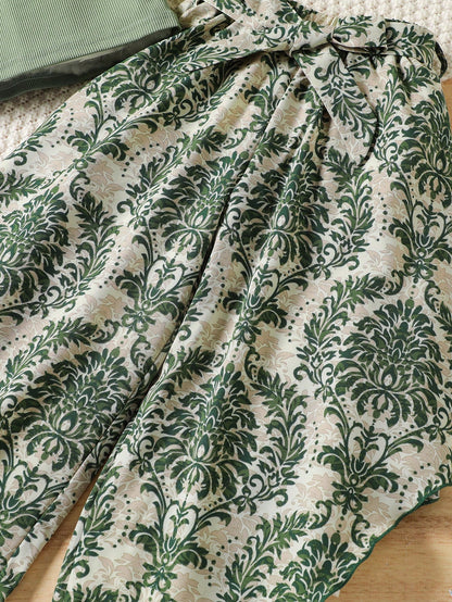 Girls Sage One Shoulder Crop Top & Green Printed Wide Leg Pants Set