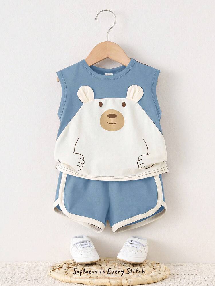 Baby Bear Print Sleeveless Top and Shorts Set – Soft Cotton Blend Toddler Outfit – Blue White Two Piece