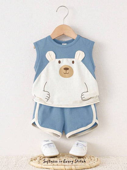 Baby Bear Print Sleeveless Top and Shorts Set – Soft Cotton Blend Toddler Outfit – Blue White Two Piece