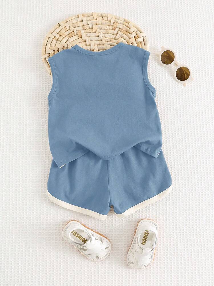 Baby Bear Print Sleeveless Top and Shorts Set – Soft Cotton Blend Toddler Outfit – Blue White Two Piece