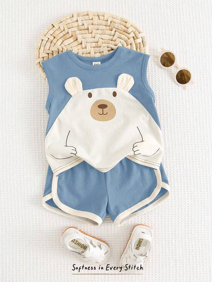 Baby Bear Print Sleeveless Top and Shorts Set – Soft Cotton Blend Toddler Outfit – Blue White Two Piece