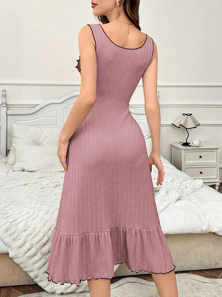 Mauve Ribbed Ruffle Trim Lounge Midi Dress – Sleeveless Feminine Sleep Dress for Women