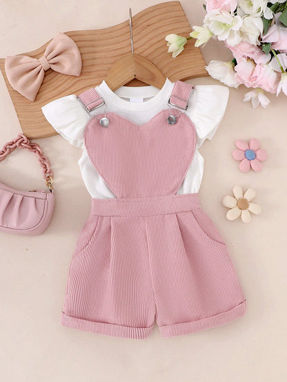 Girls Pink Heart Bib Shorts & White Flutter Sleeve Top Set